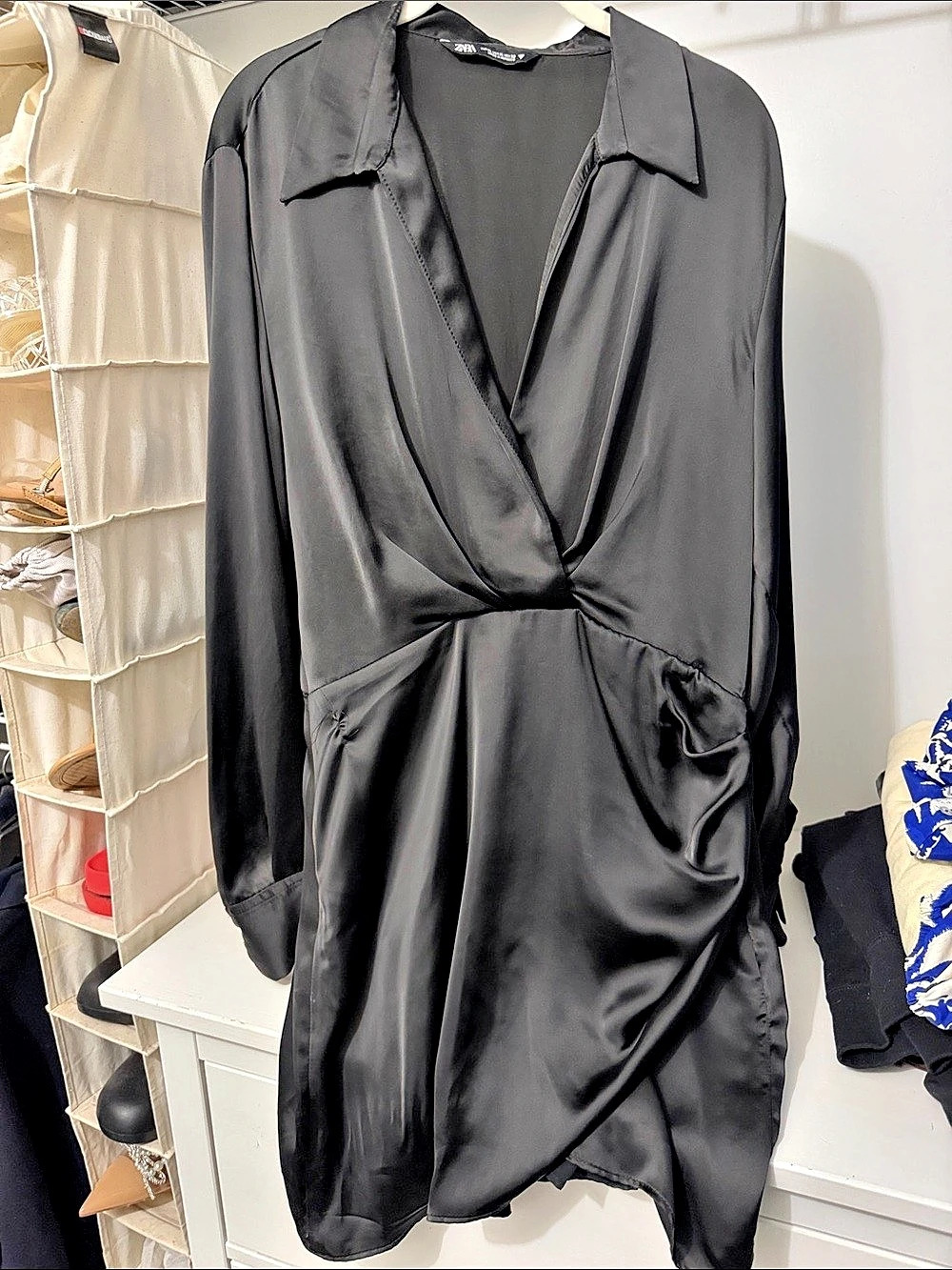 Zara Black Satin-Style Mini Dress Size XL Like New